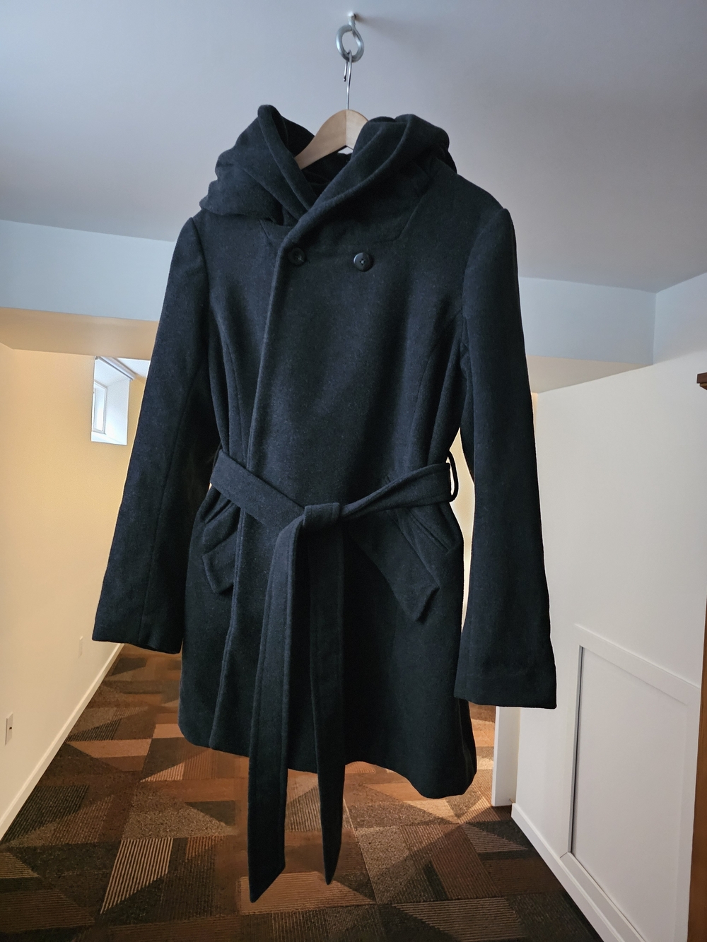 Thyme Maternity Black Hooded Wool-Blend Belted Winter Coat
